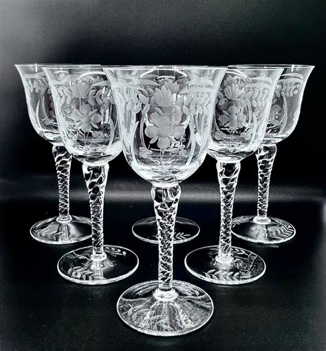 ANTIQUE ETCHED WINE Glasses 6 Vintage White Wine Glasses With Spiral ...