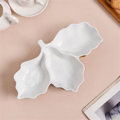 3 Section Leafy Ceramic Plate With Wooden Tray Online - Premium Section ...