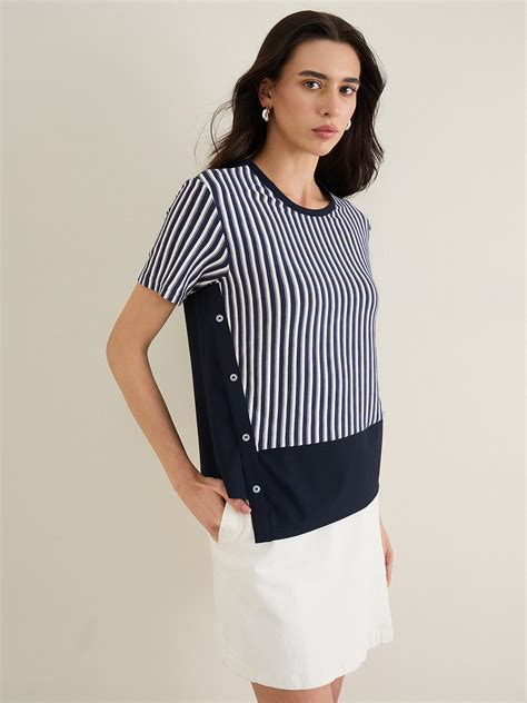 Shop ICONIC Womens Navy Blue Striped Round Neck T-Shirt Online – Iconic ...