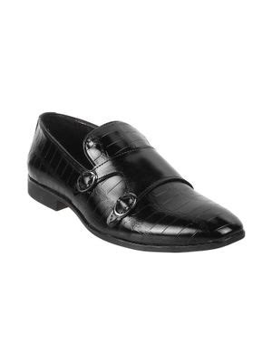 Buy Mochi Mens Black Leather Textured Monk Straps Online
