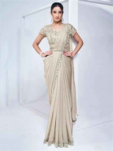 ⚡️Buy Astonishing Off-White Lace Work Satin Pre-Stitched Saree With ...