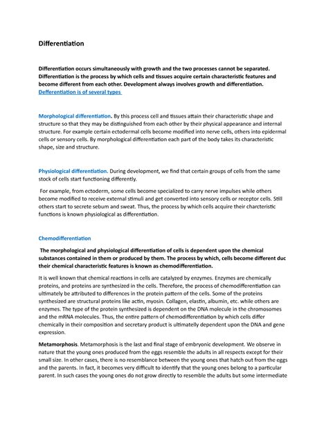 Differentiation in cells - Differentiation Differentiation occurs ...