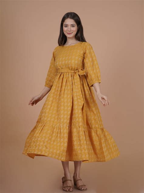 Women's Yellow Pure Cotton Printed Round Neck Dress – Trendia