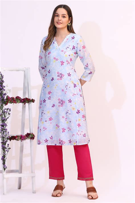 Buy Sky Blue Floral Printed Sequined Chanderi Straight Kurta with ...