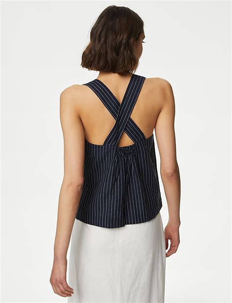 Buy Linen Rich Striped Square Neck Cami Top at Marks & Spencer
