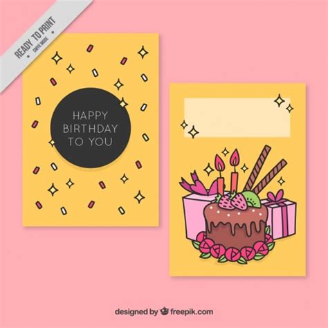 Hand gezeichnet Geburtstagskarte mit Kuchen und Geschenke | Kostenlose ...