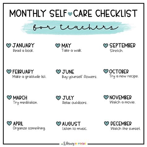 Monthly Self-Care Checklist for Teachers - Literacy In Focus