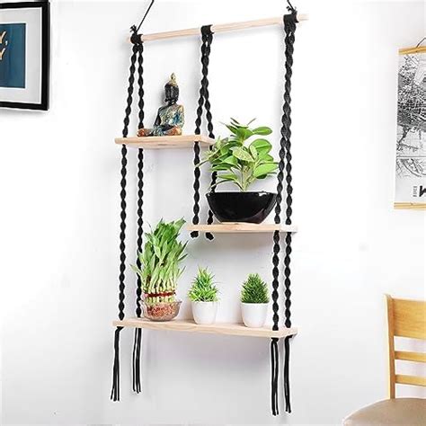 Decazone Macrame Hanging Shelf, Pine Wood Wall Shelves with Handmade ...