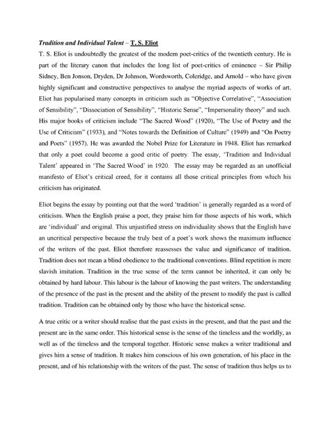 Detailed Prose- Tradition and Individual talent - Tradition and ...