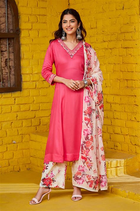 Buy Fuschia Rayon Straight Suit Set Online at Biba India