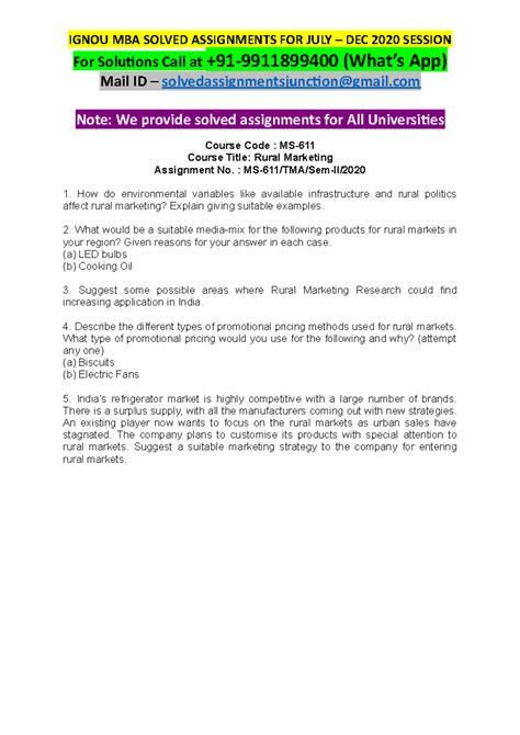 MS611 Rural Marketing JULY-DEC 2020 - IGNOU MBA SOLVED ASSIGNMENTS FOR ...