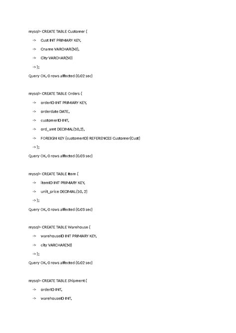 DBMS 1235 lab internal 1 - mysql> CREATE TABLE Customer ( -> Cust INT ...