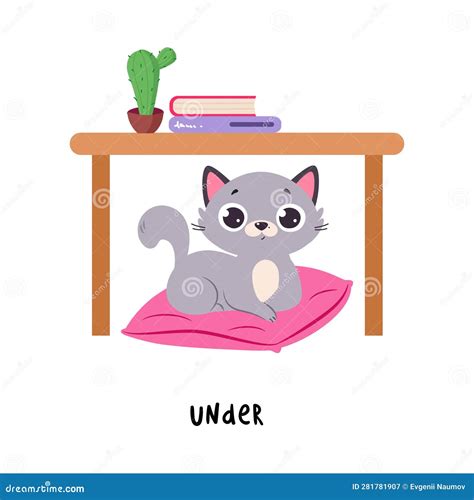 Little Grey Cat Sitting Under Table on Pillow As English Language Preposition for Educational ...