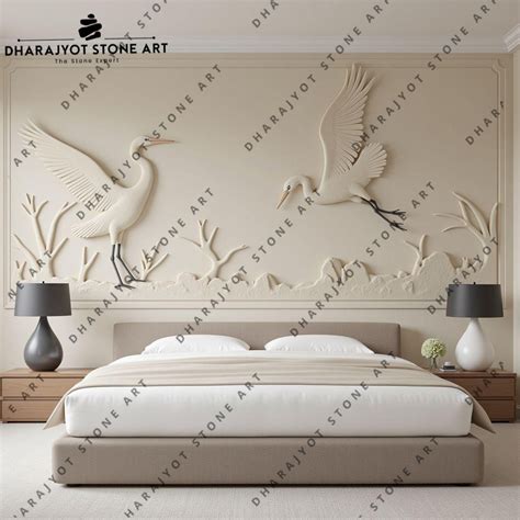 Luxury Bedroom Handcrafted Crane Bird Stone Wall Mural – Dharajyot ...