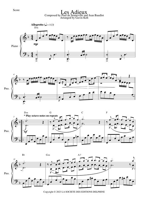 Sonate No.12 Les Adieux (arr. Gavin Koh) by Jean Andre Baudlot Sheet ...