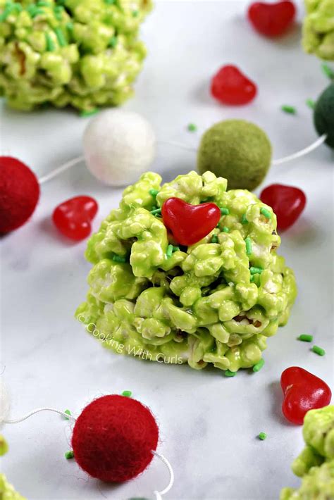 Grinch Marshmallow Popcorn Balls - Cooking with Curls