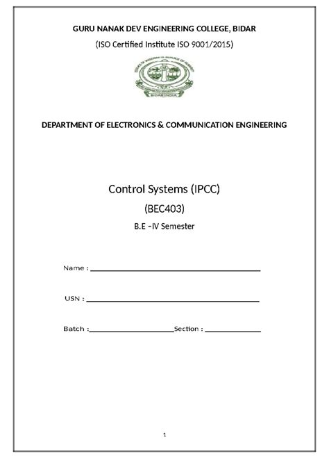 Control Systems Lab Manual (BEC403) - GND Engineering College - Studocu
