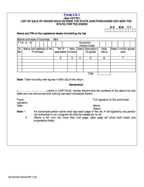 Fillable Online Form LS1 (See VATR1) LIST OF SALE OF GOODS SOLD OUTSIDE ...