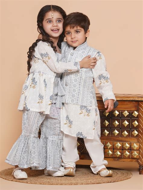 Boys Pure Cotton Kurta Pyjamas and GirlsKurti with Salwar Sibling Sets ...