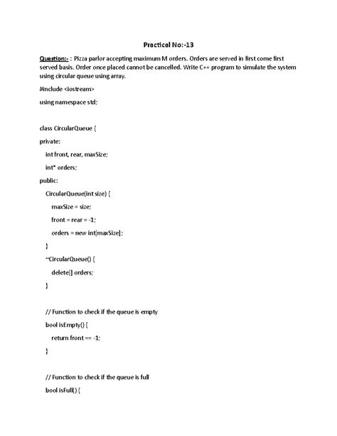 C++ Practical No 13: Circular Queue Simulation for Pizza Orders - Studocu