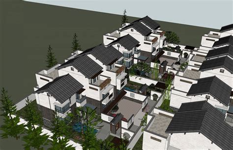 中式联排别墅su模型下载-光辉城市