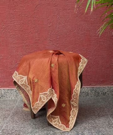 Handloom Rust Pure Tissue Dupatta with Zardozi Hand Embroidery Border ...
