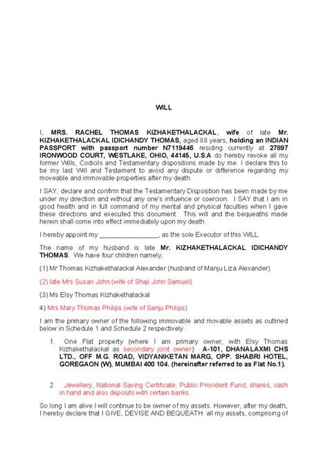 Simple-will-Law Rato 3 - WILL I, MRS. RACHEL THOMAS KIZHAKETHALACKAL ...