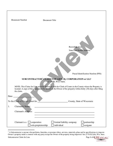 Wisconsin Subcontractor's Claim of Lien by Corporation | US Legal Forms