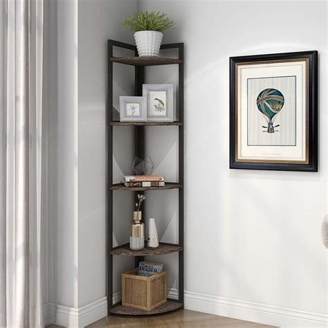 SUPERJARE Corner Shelf, Industrial 5 Tier Wood Wall Corner Bookshelf ...