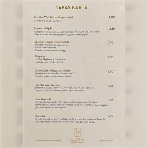 Speisekarte von ROXX Bar Frankfurt, Frankfurt am Main