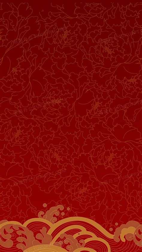 中国风红底黄色花朵海浪h5背景素材背景图片素材免费下载_熊猫办公