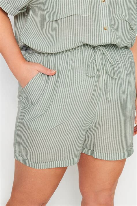 YOURS Plus Size Sage Green Stripe Linen Shorts | Yours Clothing