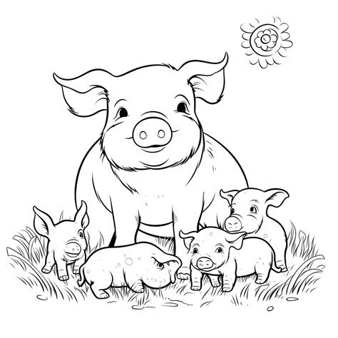 Premium Photo | Nature Nurture Sweet Pig and Piglets Coloring Book Page