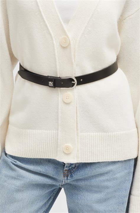 HUGO - Italian-leather belt with stacked-logo hardware trim - Black