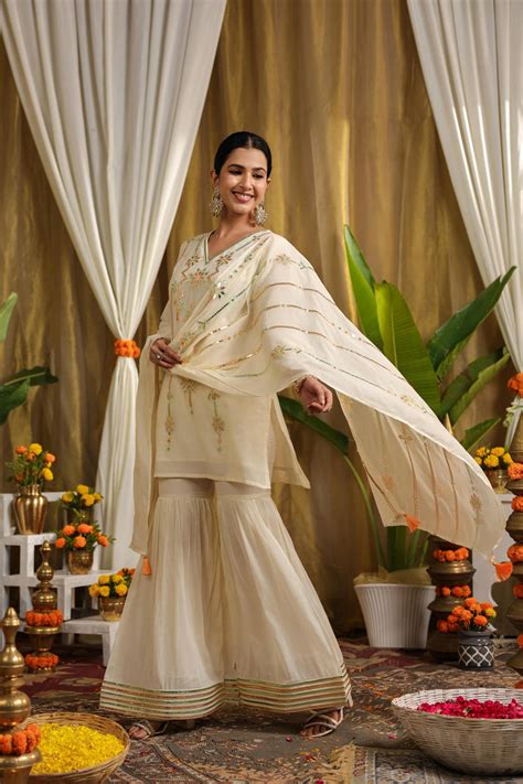 Shop Cream Mulmul Gota Embroidered Kurta Sharara Set With Dupatta ...