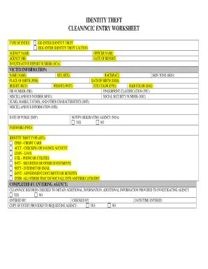 Fillable Online fcema IDENTITY THEFT CLEAN/NCIC ENTRY WORKSHEET Fax ...