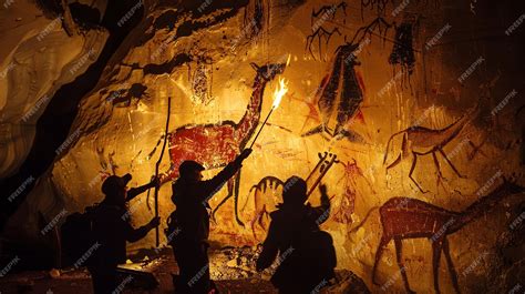 Silhouettes of people exploring a cave with ancient cave paintings | Premium AI-generated image