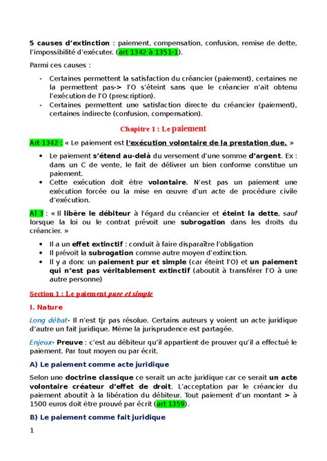 Chapitre 1 : Paiement et Extinction des Obligations (Droit Civil) - Studocu