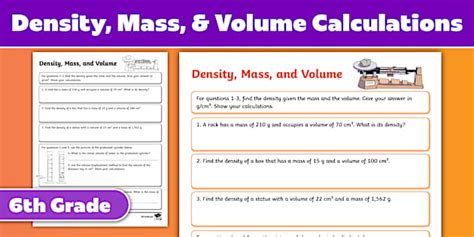 Sixth Grade Density, Mass and Volume Calculations Worksheet