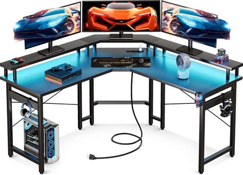 Amazon.com: Huuger L Shaped Gaming Desk with Power Outlets & LED Lights ...