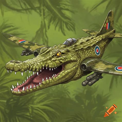 Cartoon illustration of a crocodile-shaped airplane flying in a blue ...