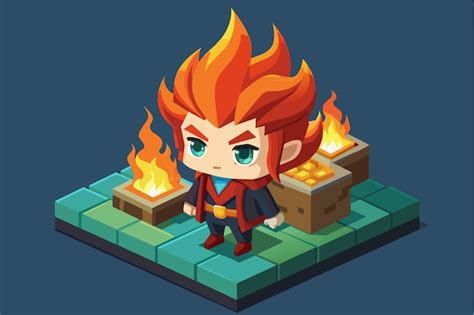 A character with striking fiery hair poses beside flickering flames in ...