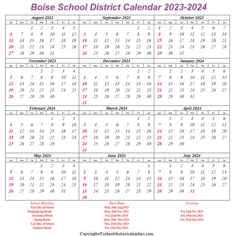 Boise School District Calendar 2023-2024 With Holidays in PDF