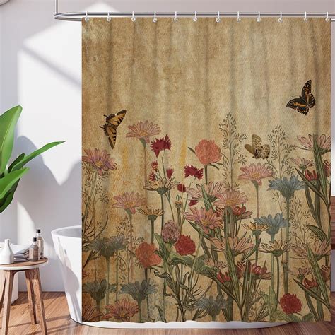 Vintage Floral Shower Curtain, Boho Retro Floral Shower Curtain, Rustic ...