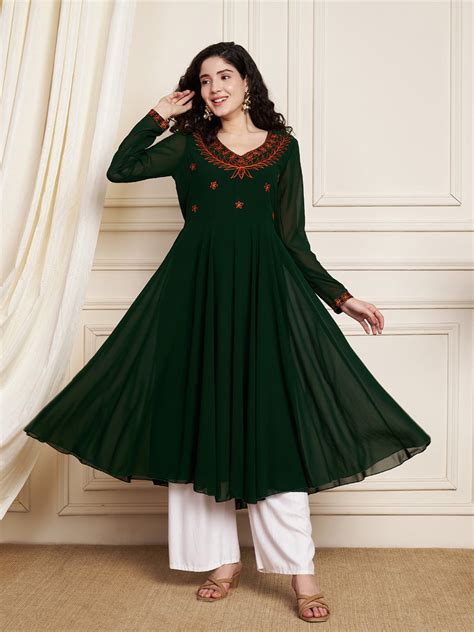 Poshak Hub Women Green Ethnic Motifs Aari Work Georgette Anarkali Kurt ...