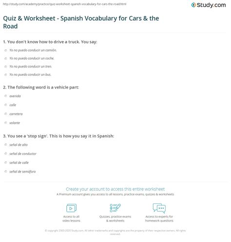 Quiz & Worksheet - Spanish Vocabulary for Cars & the Road | Study.com