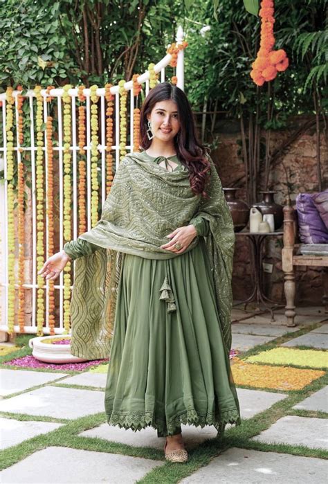 Ceremony Wear Mehndi Color Gown With Work Dupatta – subhvastra