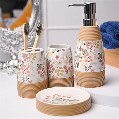 Market99 Multicolor Ceramic Cylindrical Bathroom Set of 4 | Floral ...