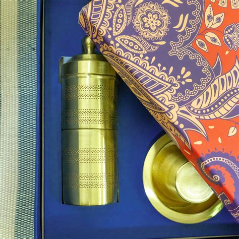 Pure Brass Coffee Filter and 2 Dabara Cup Set - Finely Etched in a Gif