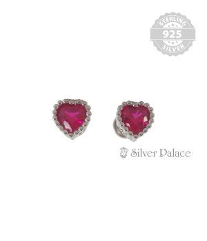 92.5 Sterling Silver Heart Shape Ruby Stone Stud - Silver Palace